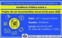 Audiência pública da LOA 2020 será no dia 13 de novembro