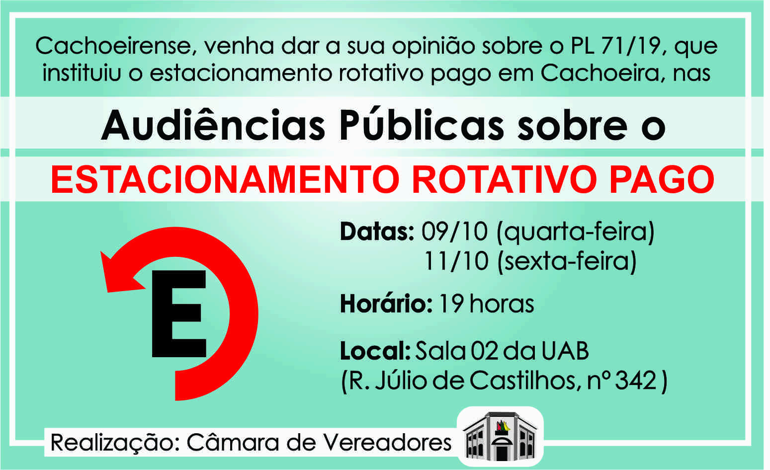 Definidas datas das audiências públicas para discutir o PL que institui o estacionamento rotativo pago