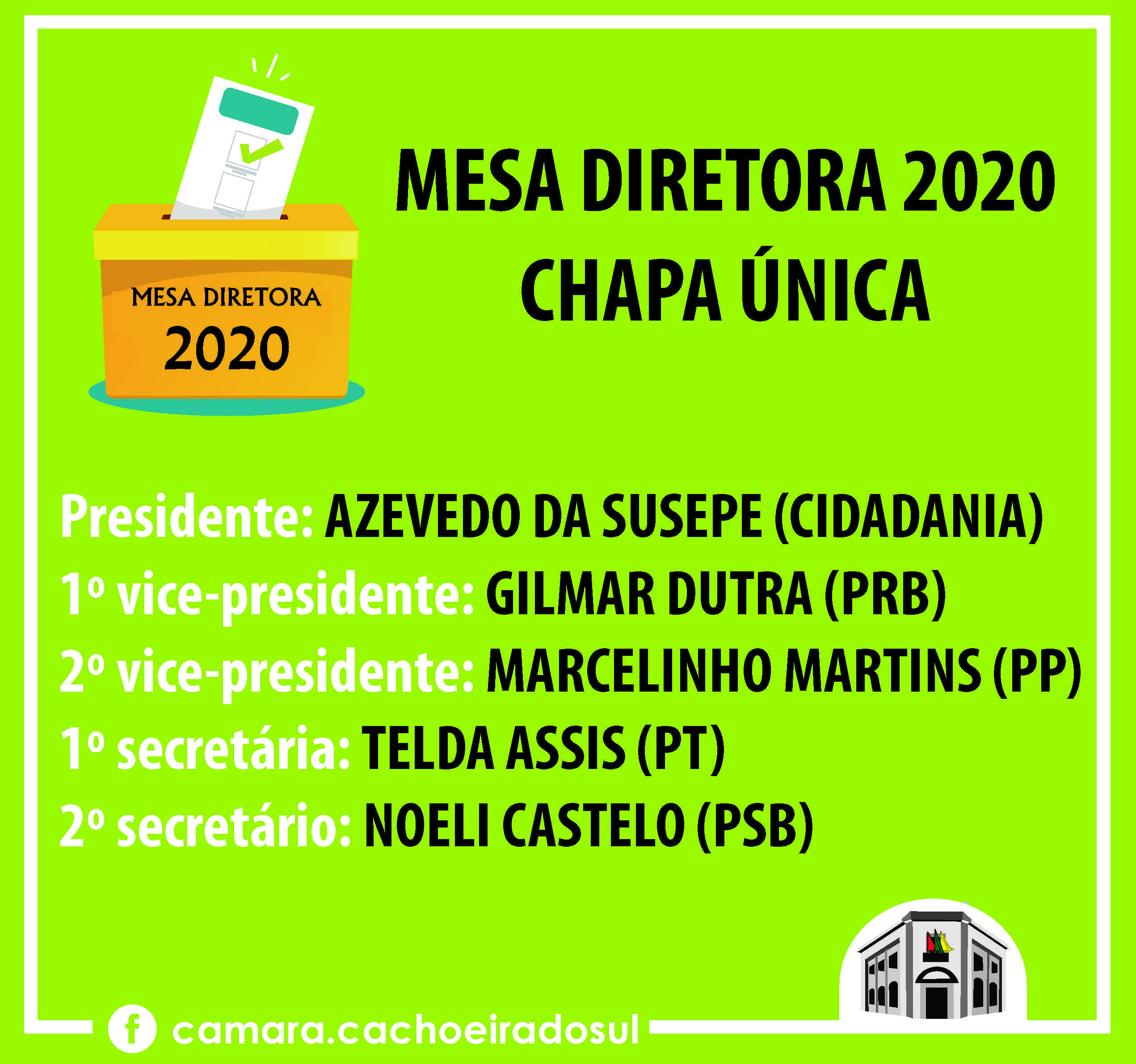 Eleição da Mesa Diretora para 2020 terá chapa única