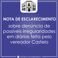 Nota sobre denúncia de possíveis irregularidades em diárias feita pelo vereador Castelo