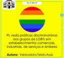 PL da vereadora Telda veda práticas discriminatórias a LGBTs em estabelecimentos PL da vereadora Telda veda práticas discriminatórias a LGBTs em estabelecimentos