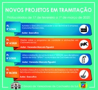 Novos projetos em tramitação - protocolados de 17 de fevereiro a 1º de março de 2020