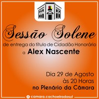 Alex Nascente receberá título de Cidadão Honorário
