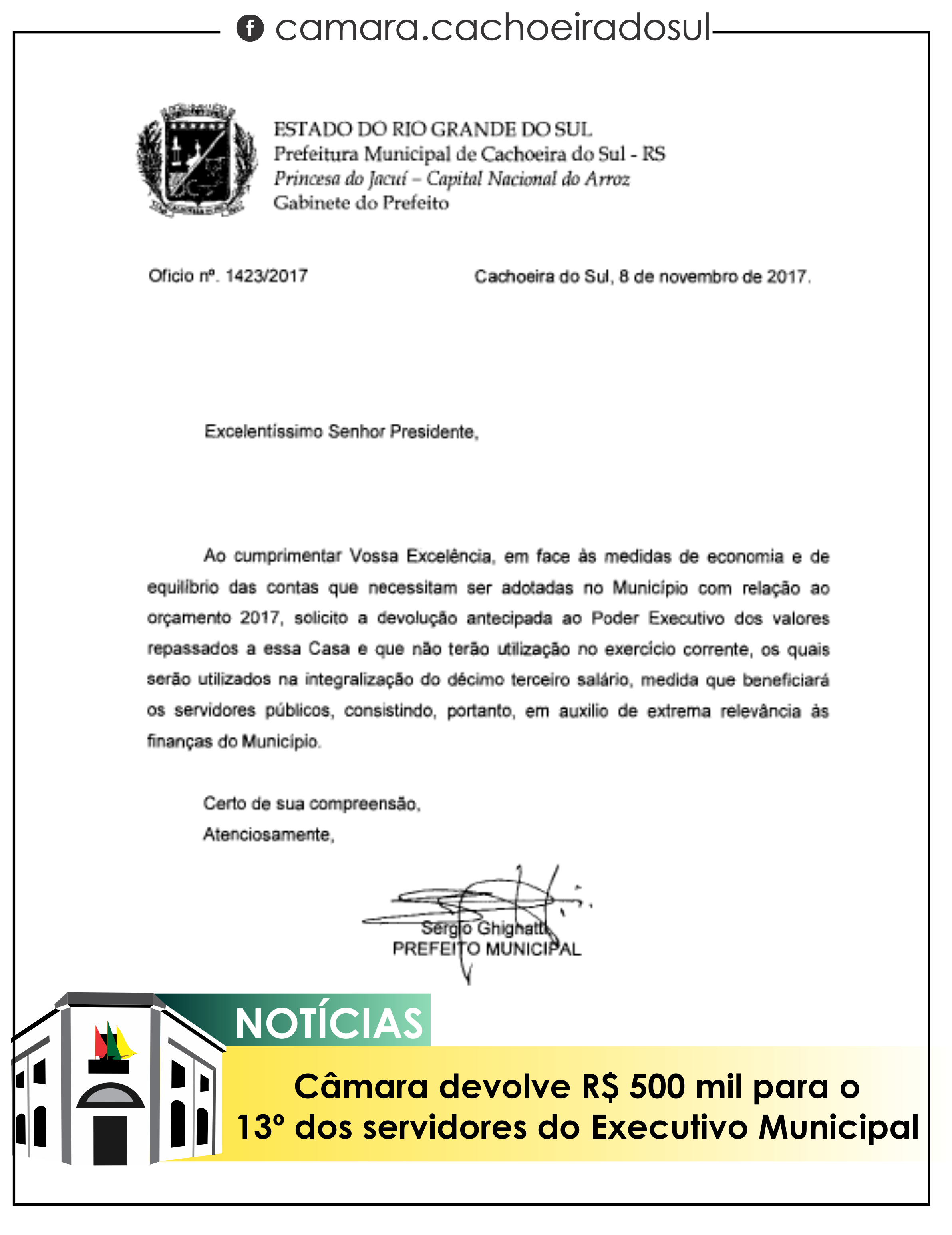 Câmara devolve R$ 500 mil para o 13º dos servidores do Executivo Municipal.