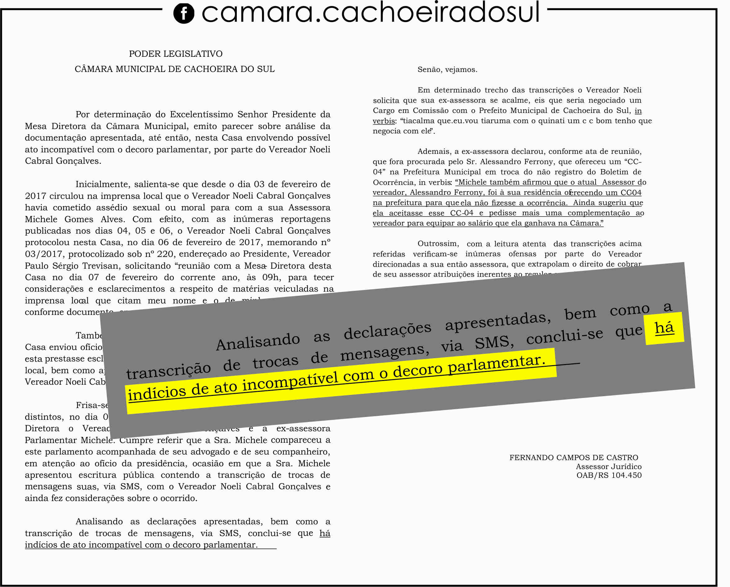 Caso Castelo: Parecer jurídico reconhece indícios de ato incompatível com decoro parlamentar