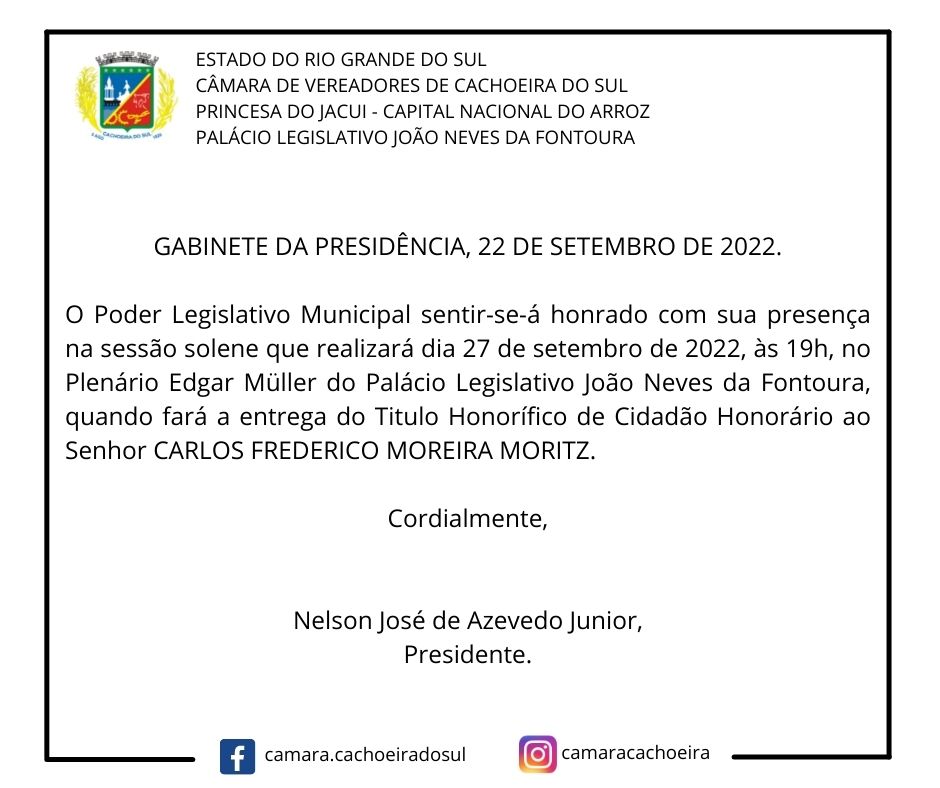 Legislativo entrega título de cidadão honorário a Carlos Moritz