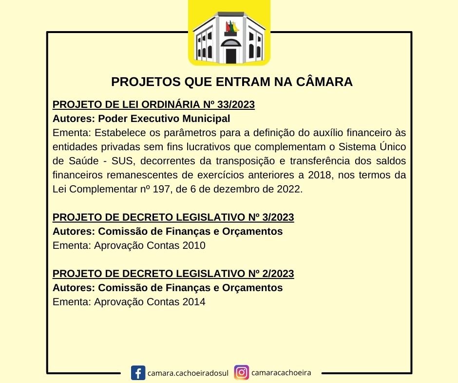 Projetos de Lei e de Decreto entram na Câmara