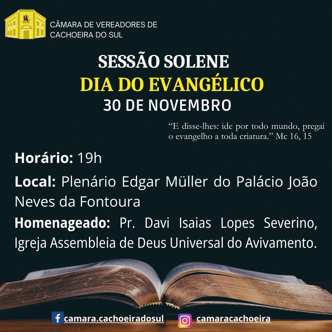 Sessão do Dia do Evangélico será nesta quinta-feira