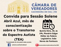 Sessão Solene alusiva à conscientização sobre o autismo ocorre amanhã